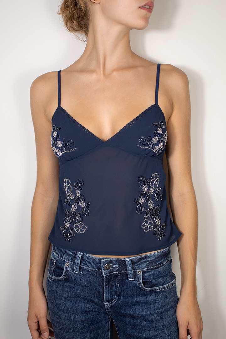 V-neck tank top with beads | Subdued