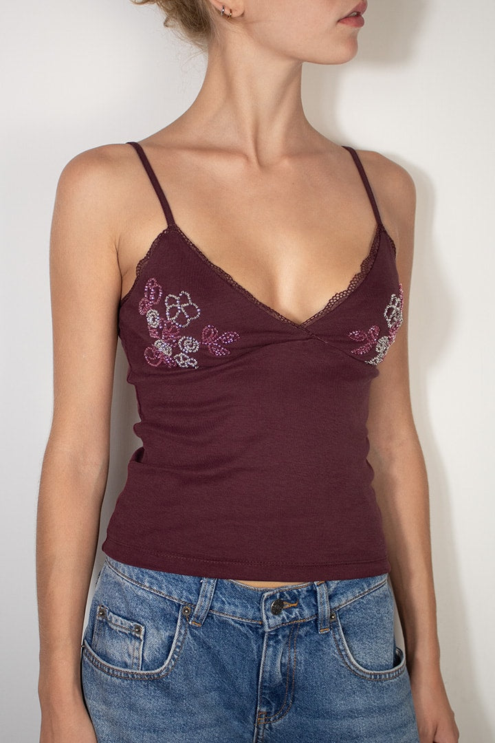 Beaded V-neck top | Subdued