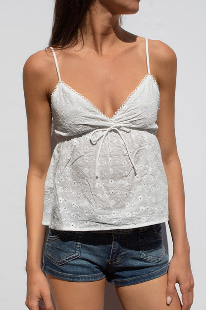 V-neck broderie anglaise top | Subdued