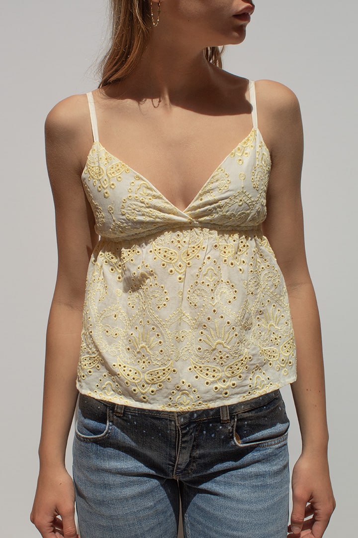 Broderie anglaise V-neck top | Subdued