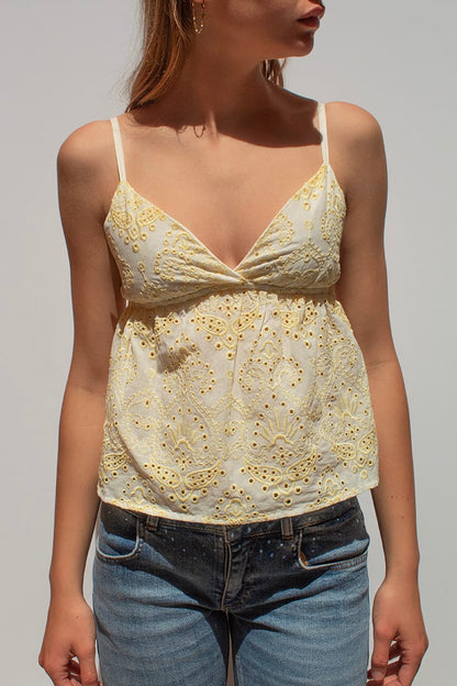 Broderie anglaise V-neck top | Subdued
