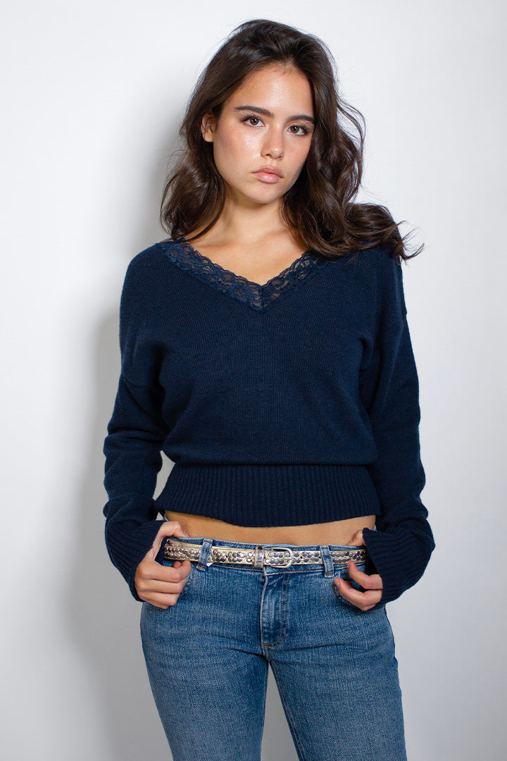 V-neck sweater with lace trim | Subdued